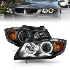 BMW 3 SERIES E90/E91 06-08 PROJECTOR HEADLIGHTS W/ CCFL HALOS BLACK HOUSING (FOR HALOGEN MODELS ONLY)