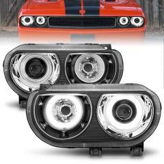 DODGE CHALLENGER 08-14 PROJECTOR HEADLIGHTS BLACK W/ DUAL RX HALO (FOR HID, NO HID KIT)