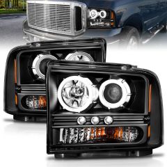 FORD F-250/350/450/550 SUPERDUTY 05-07 / EXCURSION 05 LED PROJECTOR HALO HEADLIGHTS BLACK W/ RX HALO 1PC