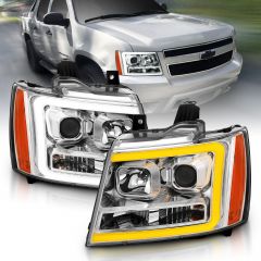 CHEVROLET TAHOE / AVALANCHE/ SUBURBAN 07-14 PROJECTOR HEADLIGHTS W/ PLANK STYLE SWITHCBACK CHROME W/ AMBER