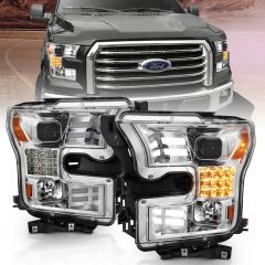 FORD F-150 15-17 PROJECTOR HEADLIGHTS WITH CHROME HOUSING WITH LED STYLE LIGHT BAR (SEQUENTIAL SIGNAL) (FOR HALOGEN ONLY)