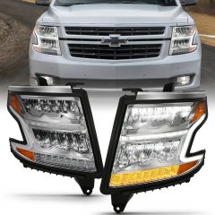 CHEVY TAHOE 15-20 SUBURBAN 15-20 LED HEADLIGHT PLANK STYLE CHROME CLEAR W/ SEQUENTIAL AMBER 