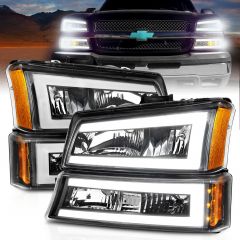 CHEVY SILVERADO / AVALANCHE 03-06 / 07 CLASSIC LED PLANK CRYSTAL HEADLIGHTS WITH PARKING/SIGNAL LIGHT BLACK(4 PCS) 