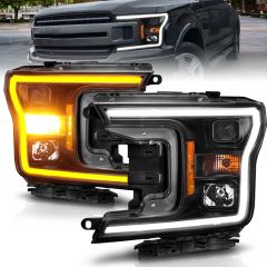 FORD F-150 18-20 PROJECTOR LIGHT BAR STYLE  SWITCHBACK HEADLIGHTS BLACK HOUSING AMBER