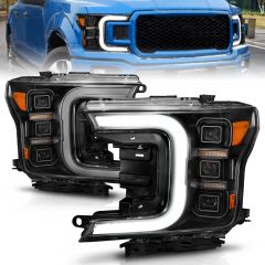 FORD F-150 18-20 FULL LED C-BAR PROJECTOR HEADLIGHTS BLACK W/ SEQUENTIAL SIGNAL (FACTORY HALOGEN MODEL)