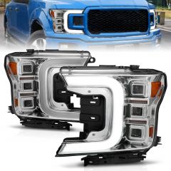 FORD F-150 18-20 FULL LED C-BAR PROJECTOR HEADLIGHTS CHROME W/ SEQUENTIAL SIGNAL (FACTORY HALOGEN MODEL ONLY)