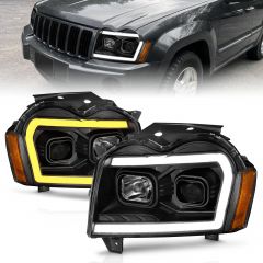 JEEP GRAND CHEROKEE 05-07 PROJECTOR HEADLIGHT BLACK HOUSING W/ SWITCHBACK C STYLE LIGHT BAR (FOR HALOGEN MODELS ONLY)