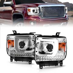 GMC SIERRA 1500 14-15 /2500HD/3500HD 15-16 PROJECTOR HEADLIGHTS WITH C STYLE LIGHT BAR CHROME WITH DRL (FOR HALOGEN TYPE MODELS ONLY. WITH OUT FACTORY LED DRL)