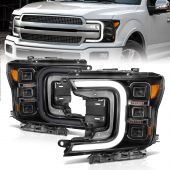 FORD F-150 18-20 FULL LED SMOKE C-BAR PROJECTOR HEADLIGHTS BLACK W/ SEQUENTIAL SIGNAL (FACTORY HALOGEN MODEL)