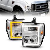 FORD SUPER DUTY 08-10 SWITCHBACK  PLANK STYLE PROJECTOR HEADLIGHTS W/ CHROME HOUSING CLEAR LENS 