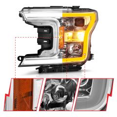 FORD F-150 18-20 PROJECTOR LIGHT BAR STYLE  SWITCHBACK HEADLIGHTS W/ CHROME HOUSING AMBER