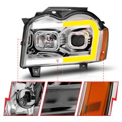 JEEP GRAND CHEROKEE 05-07 PROJECTOR HEADLIGHT W/ CHROME HOUSING AMBER SWITCHBACK C STYLE LIGHT BAR (FOR HALOGEN MODELS ONLY)