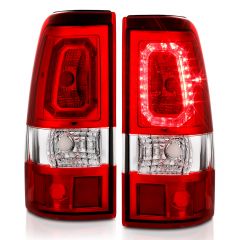 CHEVY SILVERADO 03-06 1500/2500/3500 SINGLE REAR WHEEL / 07 CLASSIC SINGLE REAR WHEEL LED TAIL LIGHTS PLANCK STYLE CHROME HOUSING WITH RED/CLEAR LENS (DOES NOT FIT DUALLY MODELS)