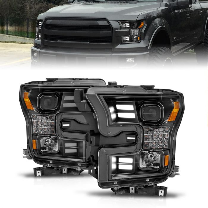 FORD F-150 15-17 PROJECTOR LIGHT W/ BAR STYLE LIGHT BLACK HOUSING / AMBER (SEQUENTIAL SIGNAL) (FOR HALOGEN MODELS ONLY)