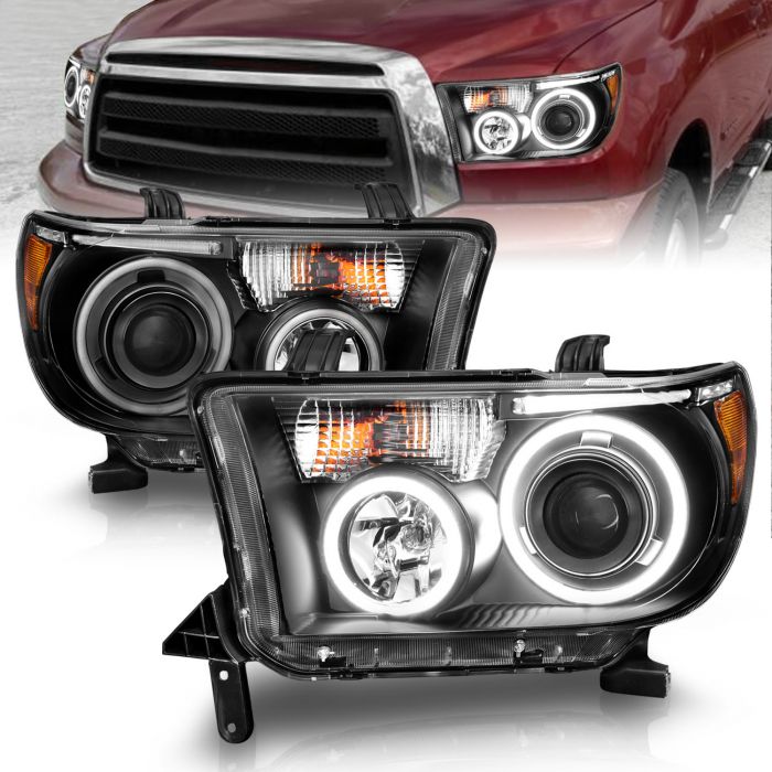 TOYOTA TUNDRA 07-13 / SEQUOIA 08-17 PROJECTOR HEADLIGHTS BLACK W/ RX HALO AND LED BAR