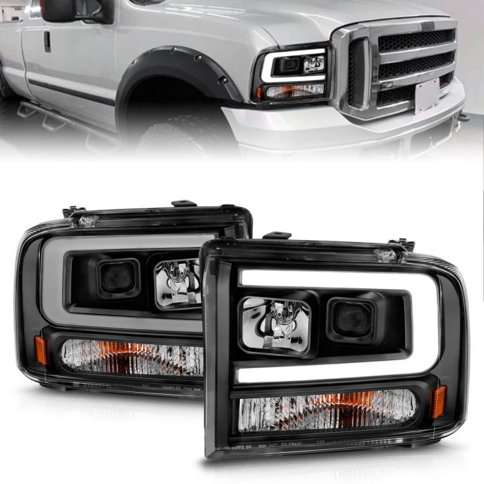 FORD F-250/350/450/550 SUPER DUTY 05-07 / EXCURSION 05 PLANK STYLE PROJECTOR HEADLIGHTS BLACK HOUSING W/ AMBER