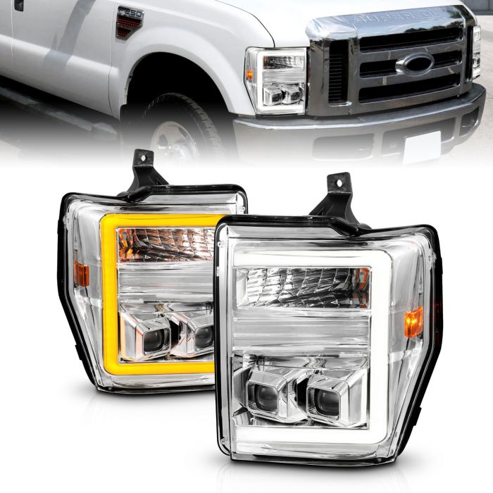 FORD SUPER DUTY 08-10 SWITCHBACK  PLANK STYLE PROJECTOR HEADLIGHTS W/ CHROME HOUSING CLEAR LENS 