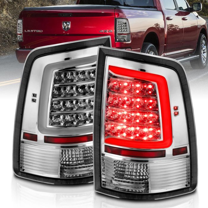DODGE RAM 1500 09-18 / 2500 3500 10-18 LED TAIL LIGHTS CHROME HOUSING CLEAR LENS W/ C LIGHT BAR (NOT FOR MODELS WITH OE LED TAIL LIGHTS)