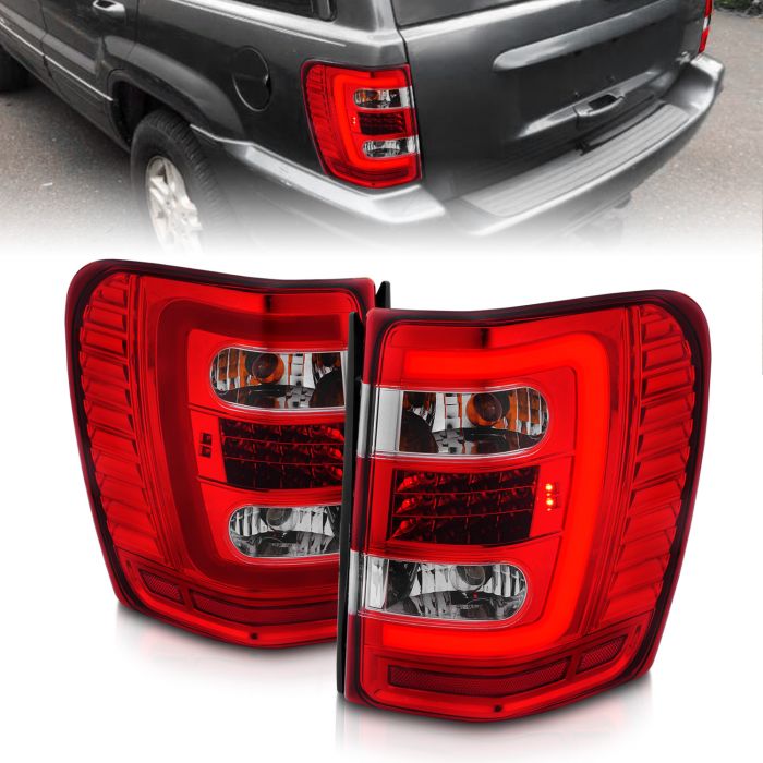 JEEP GRAND CHEROKEE 99-04 LED TAIL LIGHTS RED CLEAR LENS W/ CHROME HOUSING C LIGHT BAR