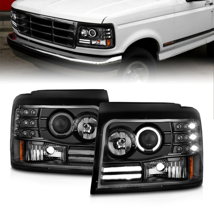 92-96 FORD BRONCO F150/250/350 PROJECTOR HEADLIGHTS BLACK HALO LED HEAD LAMPS 