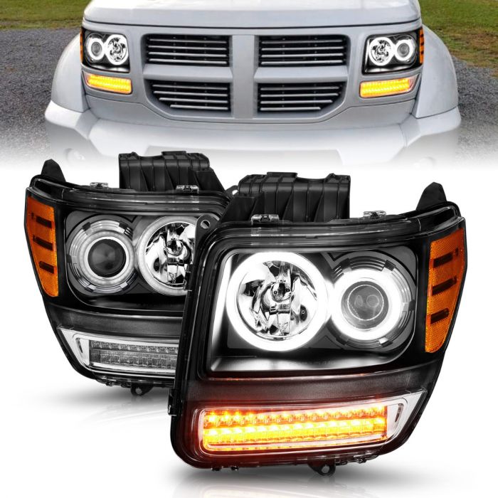 DODGE NITRO 07-12 PROJECTOR HEADLIGHTS BLACK G2 CLEAR W/ RX HALO AND LED SIGNAL