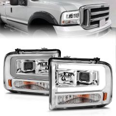FORD F-250/350/450/550 SUPER DUTY 05-07/EXCURSION 2005 PROJECTOR HEADLIGHTS CHROME AMBER (W/ C LIGHTS BAR)