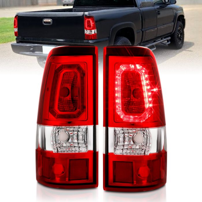 CHEVY SILVERADO 1500/1500 HD/2500/2500HD 99-02 3500 01-03 GMC SIERRA 1500/1500HD/2500/2500HD 99-06 3500 01-06 LED TAILLIGHTS PLANK STYLE CHROME WITH RED/CLEAR LENS  